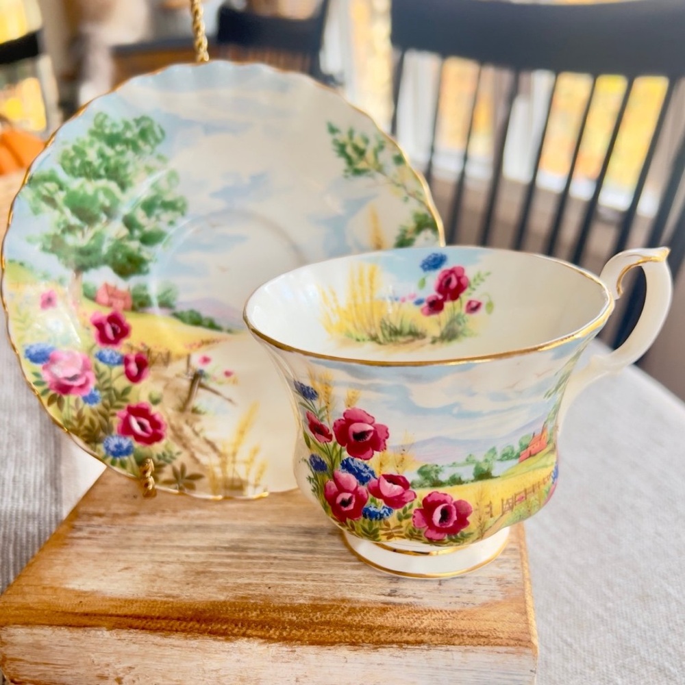 Royal Albert ‘Harvest Scenes’ Cup & Saucer with Red, Blue, Green & Gold Accents